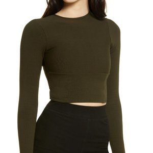 Naked Wardrobe Snatched Bustier Long Sleeve Crop Top olive green shirt new Small